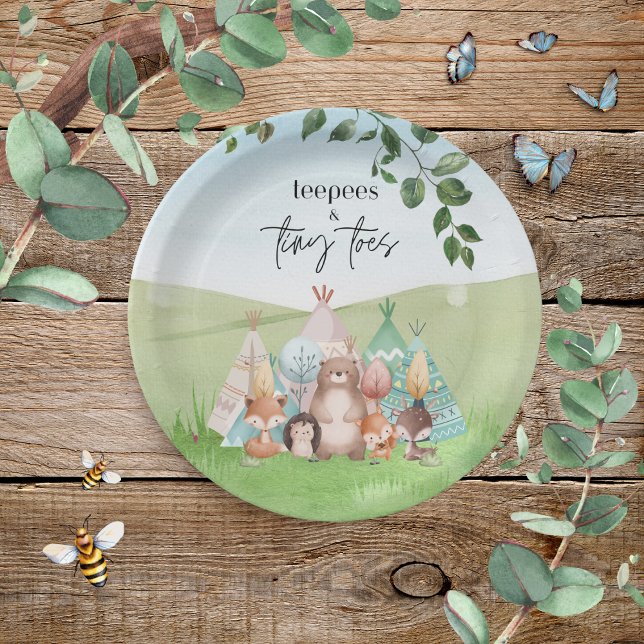 Plato De Papel Tepeys y pequeños dedos de papel (Adorable Teepees & Tiny Toes woodland animal theme paper plates)