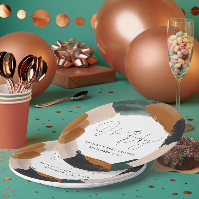 Plato De Papel Teracota verde abstracta acuarela ducha de bebé (Multi)