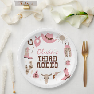 Plato De Papel Tercer cumpleaños de Rodeo Rosa Occidental Cowboy