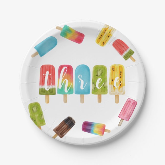 Plato De Papel Tercer cumpleaños del pop arcoiris (Anverso)