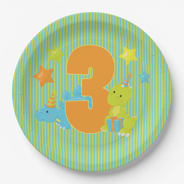 Plato De Papel Tercer cumpleaños - fiesta del dinosaurio del bebé (Anverso)