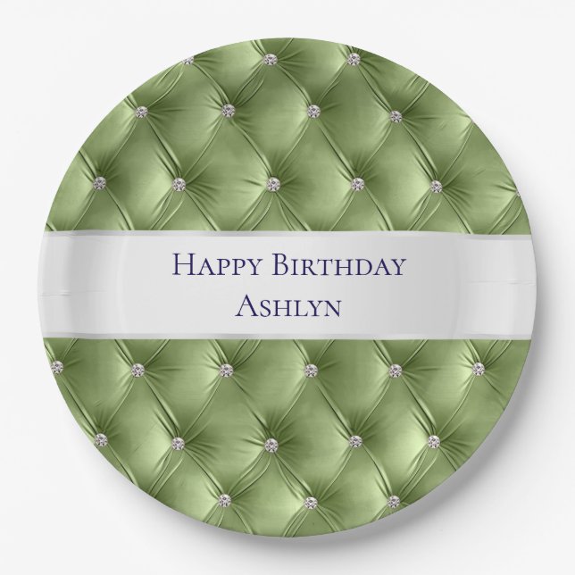 Plato De Papel Terciopelo Falso Verde Sage de Lujo Glam (Anverso)