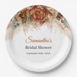 Plato De Papel Terracota Boho y pampas florales borgoñosas