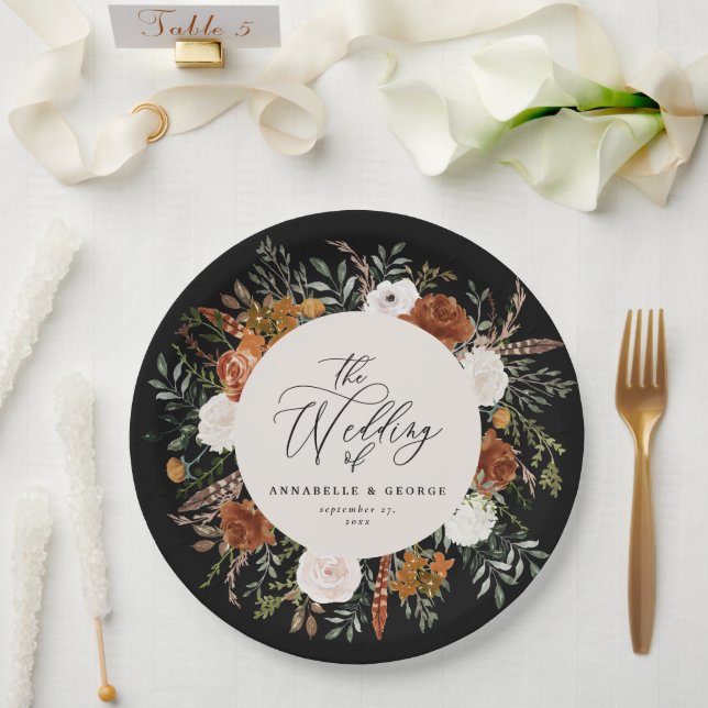 Plato De Papel Terracota de moda negra floral rústico elegante mo (Boda)