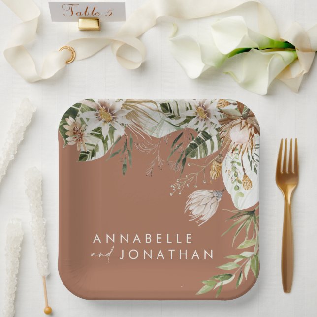 Plato De Papel Terracota simple botánico moderno y elegante folla (Boda)