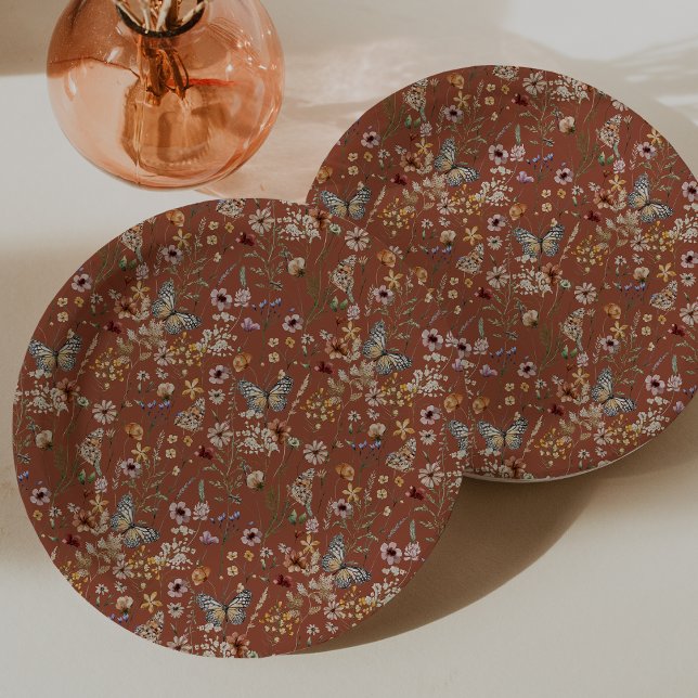 Plato De Papel Terracotta Boho Butterflies (Terracotta Boho Floral Butterflies Paper Plates by Painted Paperie
)
