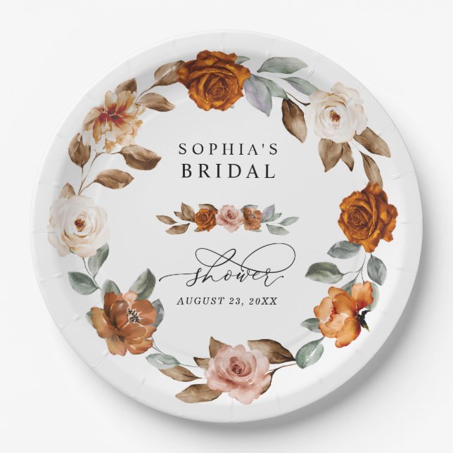 Plato De Papel Terracotta Burnt Orange Floral Bridal Shower (Anverso)