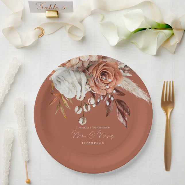 Plato De Papel Terracotta Florals Felicitaciones Sr. Rust Boda (Boda)
