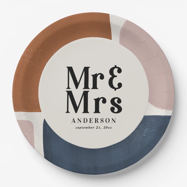 Plato De Papel terracotta navy painterly abstract wedding mr mrs (Anverso)