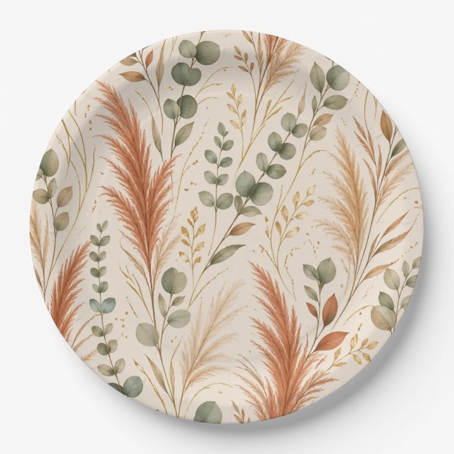 Plato De Papel Terracotta Pampas Grass Eucalyptus Neutral Boho (Anverso)