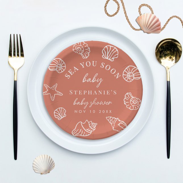 Plato De Papel Terracotta Sea You Soon Coastal Beach Baby Shower (Subido por el creador)