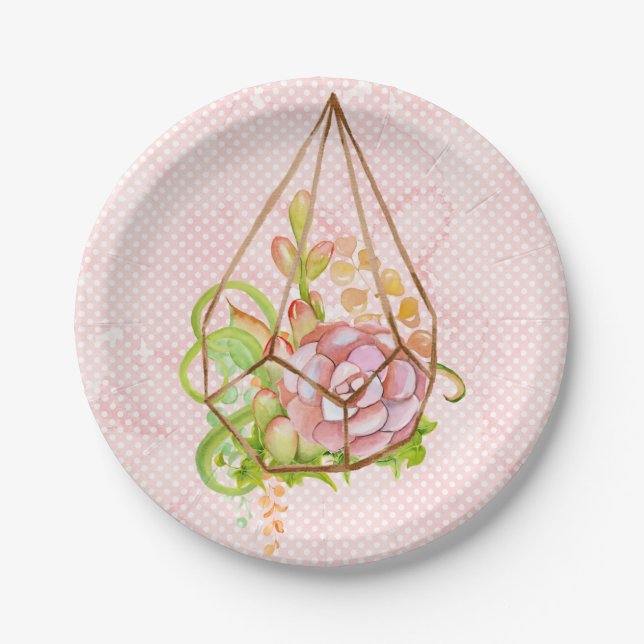 Plato De Papel Terrario De Suculentos Rosa (Anverso)