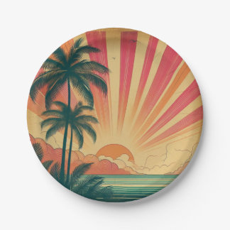 Plato De Papel Terraza tropical retro/vintage/puesta de sol hawai