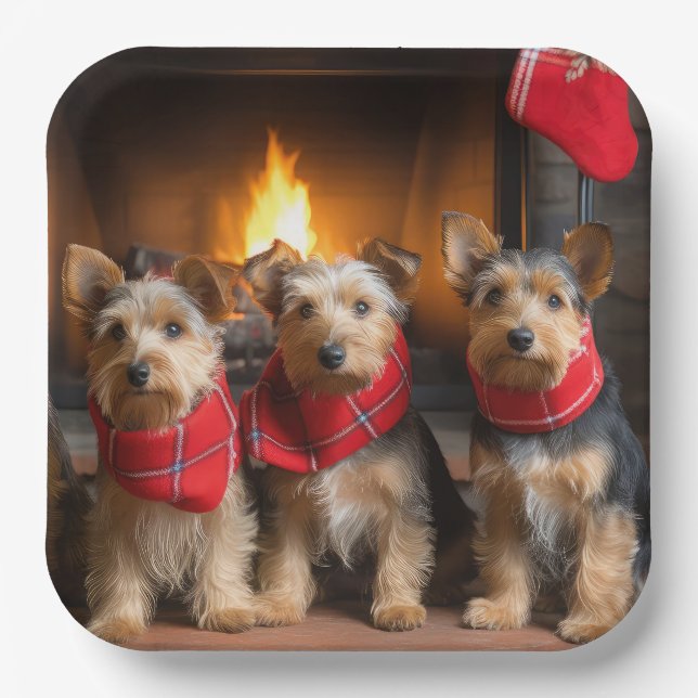 Plato De Papel Terrier Australiano junto a la Chimenea Navidad (Anverso)