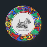 Plato De Papel Terrier Escocés y Arte Pop<br><div class="desc">Terrier Escocés y Arte Pop Personaliza
Negro y Blanco
Personaliza con tu texto</div>