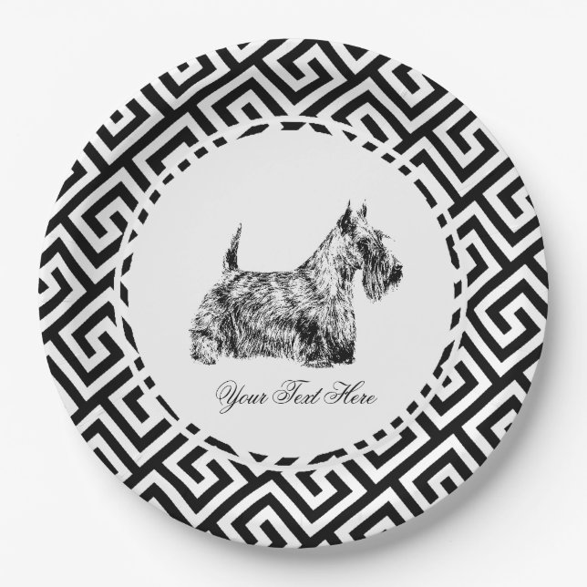 Plato De Papel Terrier Escocés y Llave Griega Personalizable (Anverso)