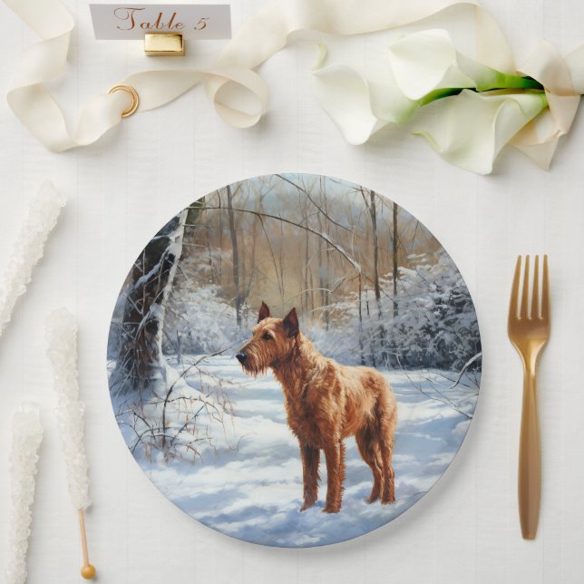 Plato De Papel Terrier Irlandés Deja que nieve Navidad (Boda)