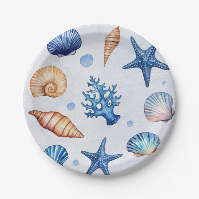 Plato De Papel Tesoro de conchas marinas costeras modernas cumple (Anverso)