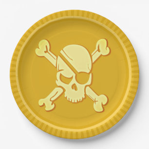Plato De Papel Tesoro Dubloon de la moneda de oro del cráneo del