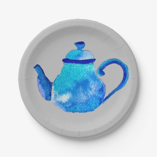 Plato De Papel Tetera azul acuarela caprichosa (Anverso)