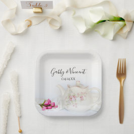 Plato De Papel Tetera con Boda de rosas rosadas