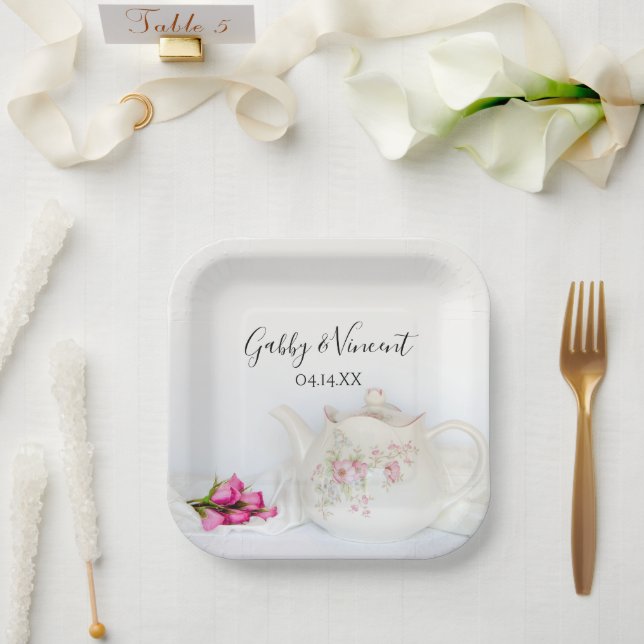 Plato De Papel Tetera con Boda de rosas rosadas (Boda)