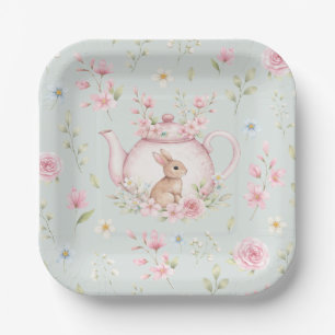 Plato De Papel Tetera conejito lindo Floral rosa Primavera