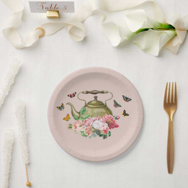 Plato De Papel Tetera Fiesta Rosas Florales y Mariposas (Boda)