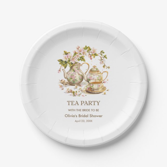 Plato De Papel Tetera Floral Hora del Té Despedida de Soltera  (Anverso)