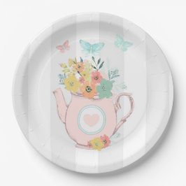 Plato De Papel Tetera rosa con flores y mariposas