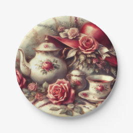 Plato De Papel Tetera rosa roja Fiesta de té de época