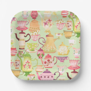 Plato De Papel Teteras y tazas verdes