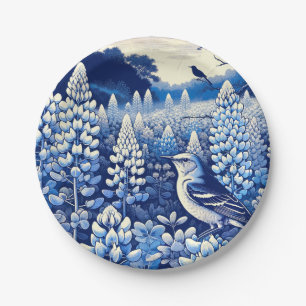Plato De Papel Texas Bluebonnets y Mockingbird del Norte Texan