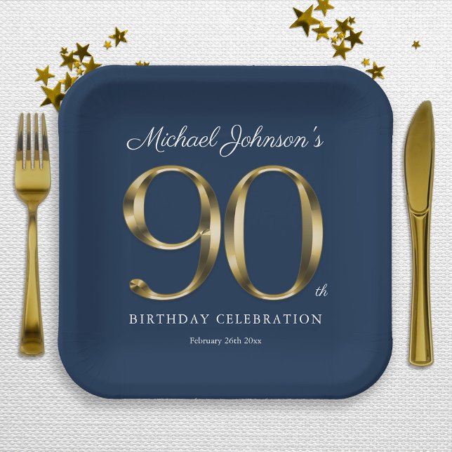 Plato De Papel Texto de oro Elegante Personalizado Marina Azul 90 (Gold Text Elegant Custom Navy Blue 90th Birthday Paper Plates)