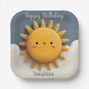 Plato De Papel Texto de Sol Texturizado con Cara Sonriente