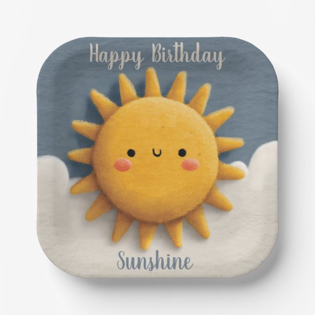 Plato De Papel Texto de Sol Texturizado con Cara Sonriente (Anverso)