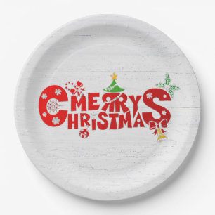 Plato De Papel Texto Divertido de Navidad en Madera Blanqueada