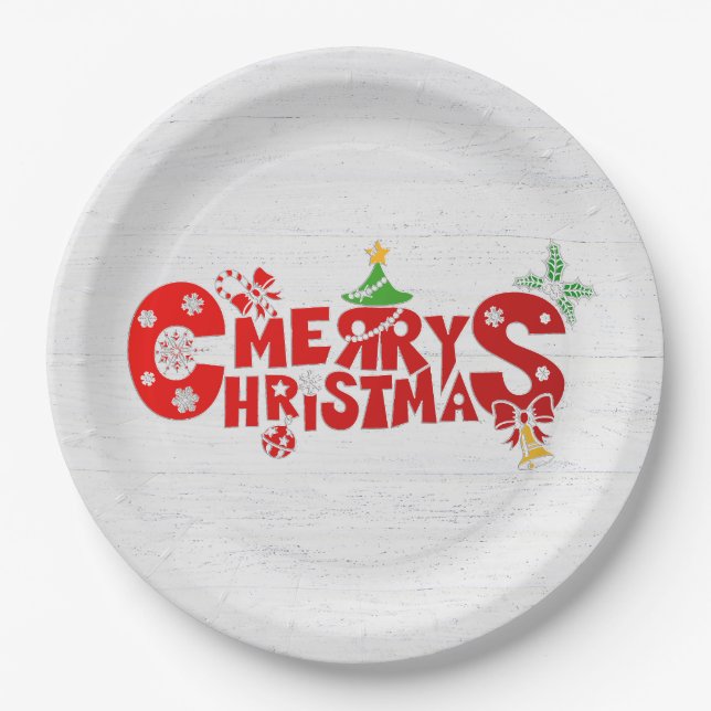 Plato De Papel Texto Divertido de Navidad en Madera Blanqueada (Anverso)