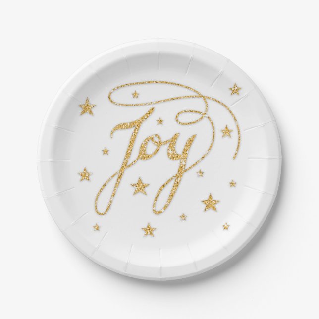 Plato De Papel Texto JOY con brillo dorado falso con estrellas (Anverso)