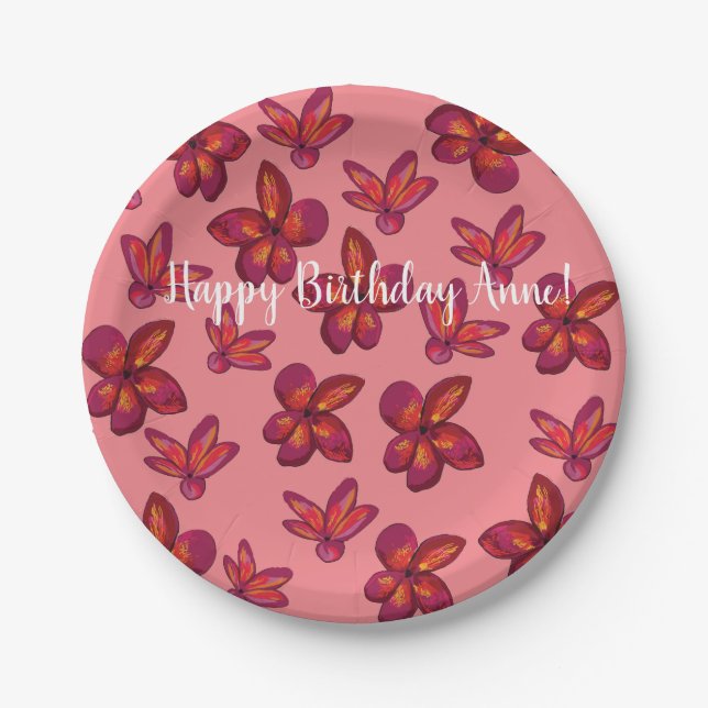 Plato De Papel Texto Personalizado de flores rojas (Anverso)