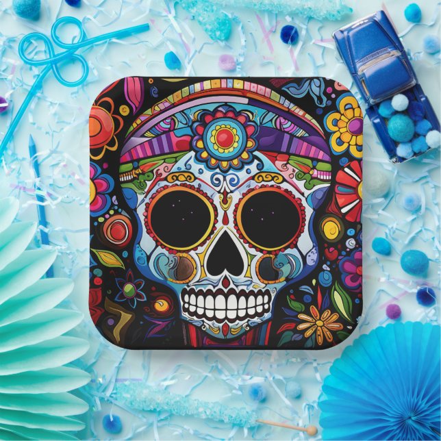 Plato De Papel texto personalizado 💀 Día de Muertos (Fiesta)