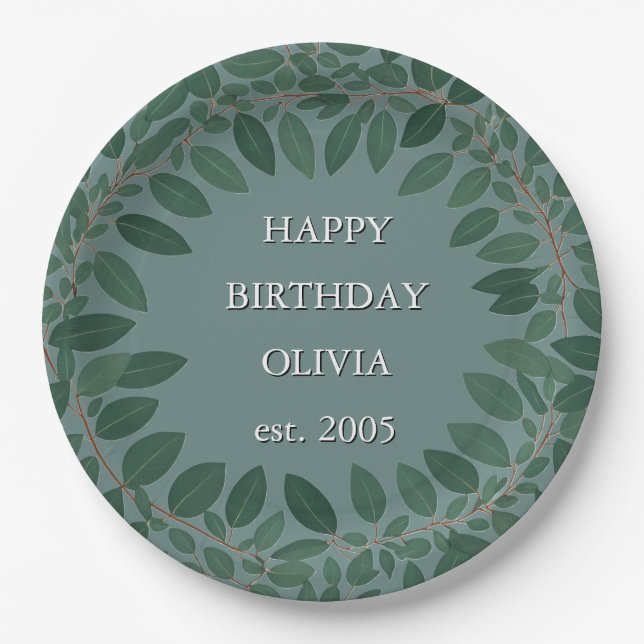 Plato De Papel texto personalizado eucalipto Marco - azul retro (Anverso)