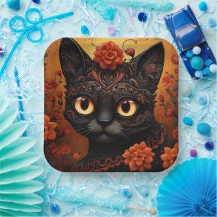 Plato De Papel Texto personalizado 💀 😺 Gato De Los Muertos