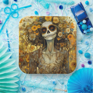 Plato De Papel Texto personalizado 💀 La Calavera Catrina con flo