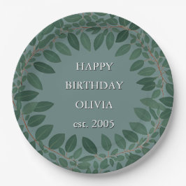 Plato De Papel Texto personalizado marco de eucalipto – azul retr