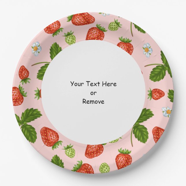 Plato De Papel Texto personalizado patrón de fresa fondo rosa (Anverso)
