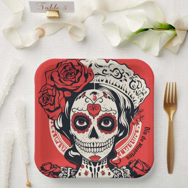 Plato De Papel Texto personalizado 💀 Pop Art Calavera rojo y bla (Boda)