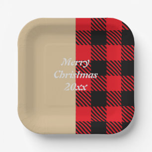 Plato De Papel texto personalizado trendy tartan patrón rojo marr