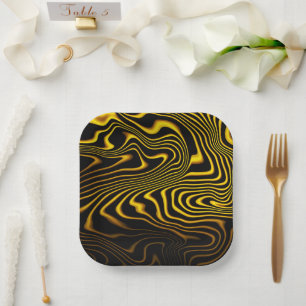 Plato De Papel Textura de remolinos de oro amarillo negro