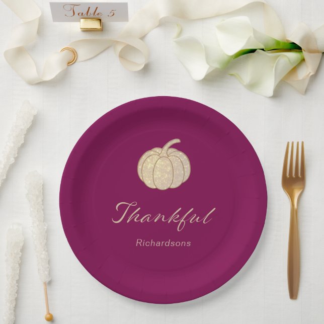 Plato De Papel Thankful Glitter Pumpkin burgundy Thanksgiving (Boda)